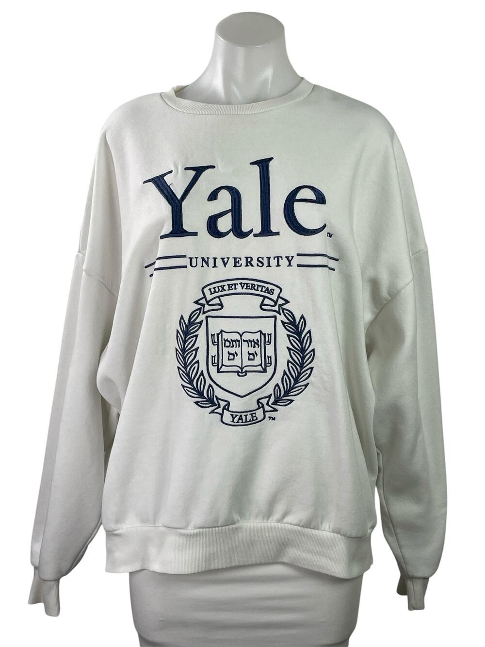 Yale University Women's White Crest Fleece Long Sleeve Crew Neck Sweatshirt L